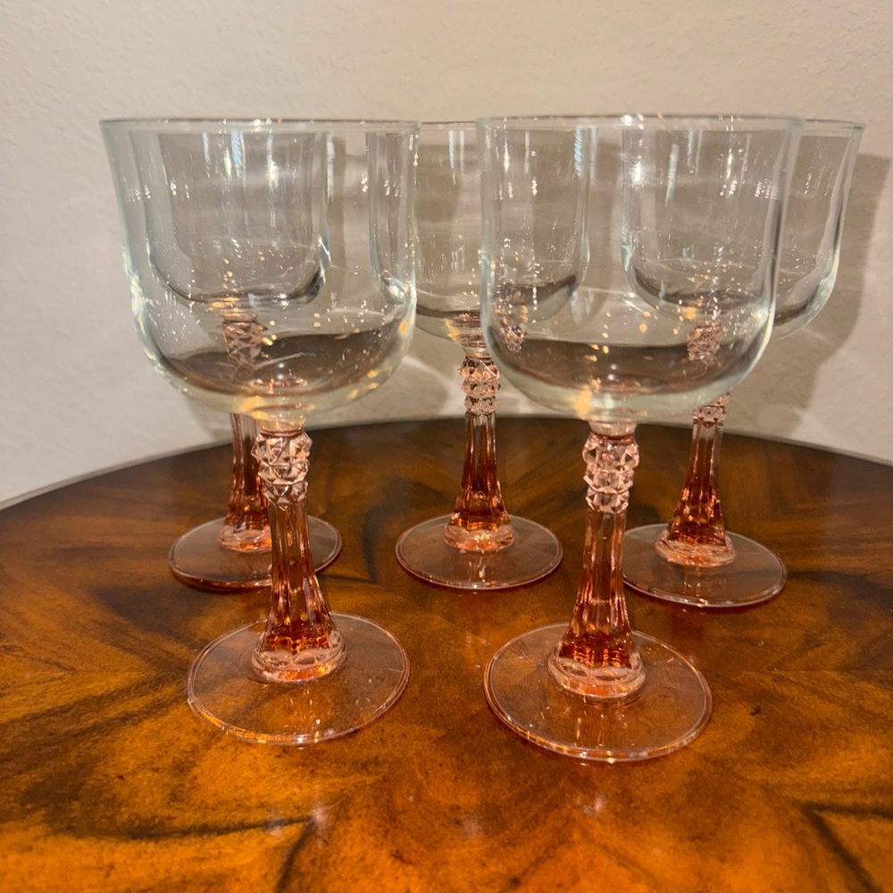 5 Vintage Cristal  D’Aques J G Durand Pink Stem Wine Glasses no damage